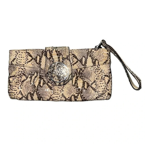 Solina natural Python tan/brown genuine leather clutch/wristlet with medallion - Picture 2 of 7
